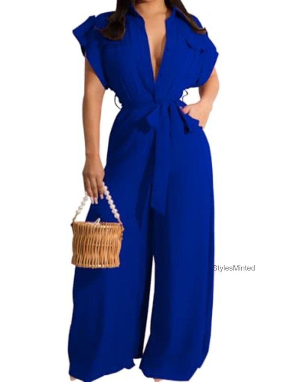 Women's Long Sleeve V-Neck Wide Leg Jumpsuit with Belt Pockets